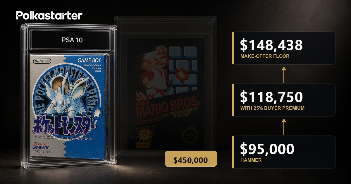 Pocket Monsters Ao Goes Six Figures on Worlds Weekend, Price breakdown showing the $95,000 hammer, the 25 percent buyer premium, the $118,750 derived close, and the $148,438 make-offer floor for the PSA 10 Pocket Monsters Ao