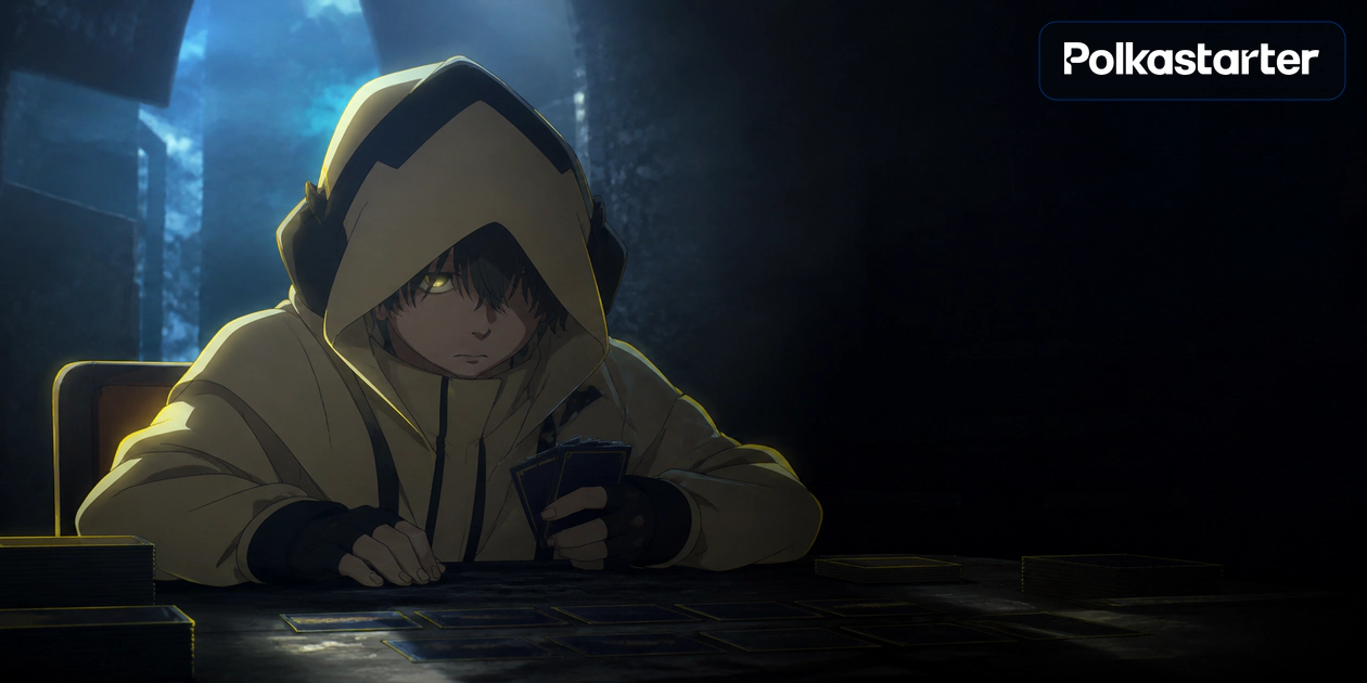 Editorial illustration based on the Pokémon Wild Card teaser, showing the hooded TCG player at a card table