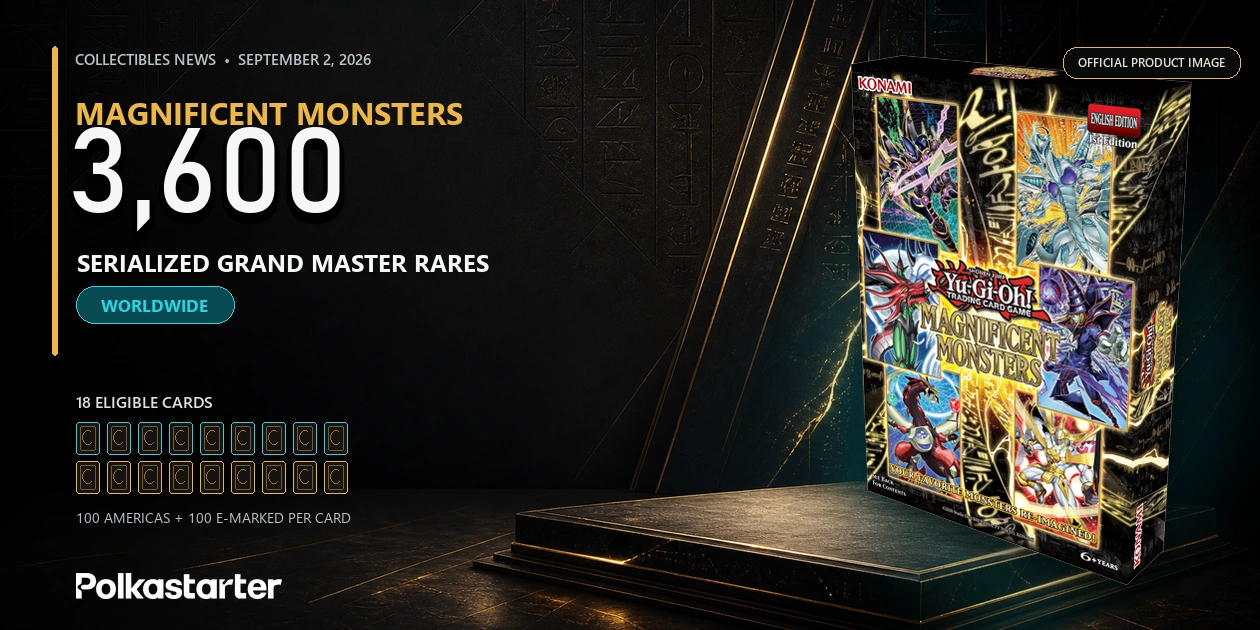 Yu-Gi-Oh Magnificent Monsters box with a 3,600 Grand Master Rare global count graphic