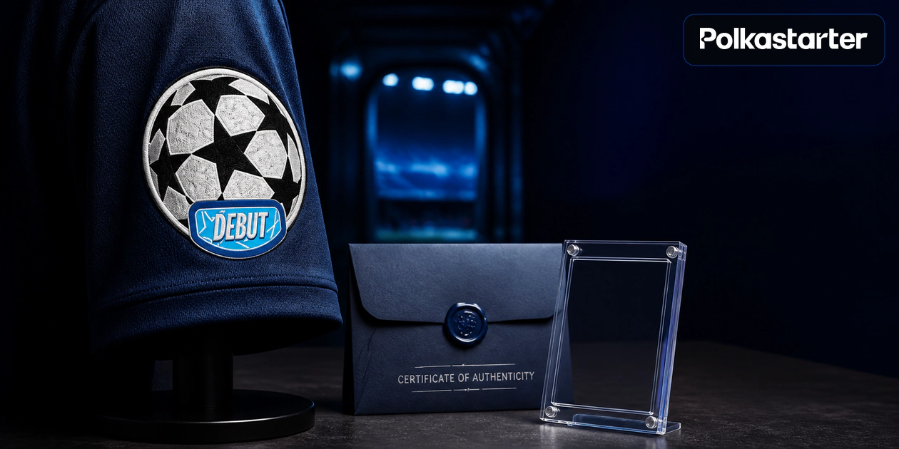 Editorial visual of the UEFA Champions League Debut Patch in a Starball-style sleeve badge beside a certificate envelope and empty card case