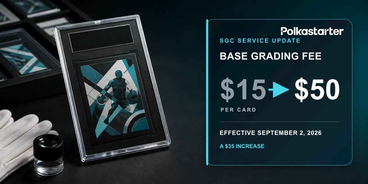 Genuine SGC black insert card slab beside price tags showing a grading fee increase from $15 to $50
