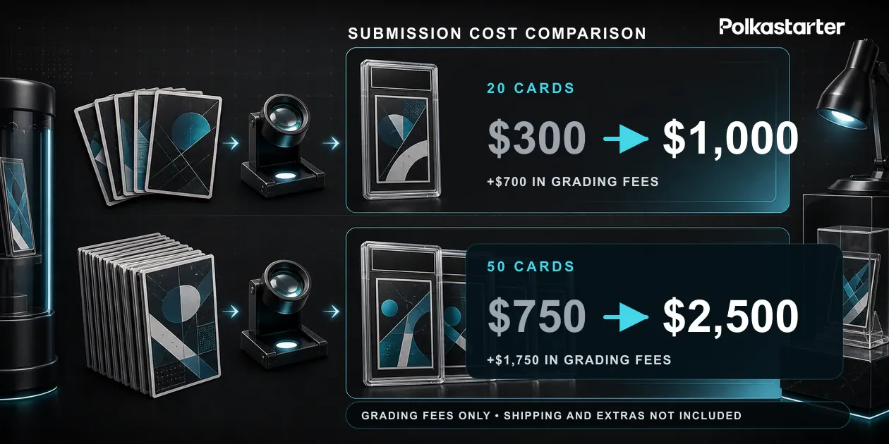 SGC grading cost comparison showing 20 cards rising from $300 to $1,000 before extras