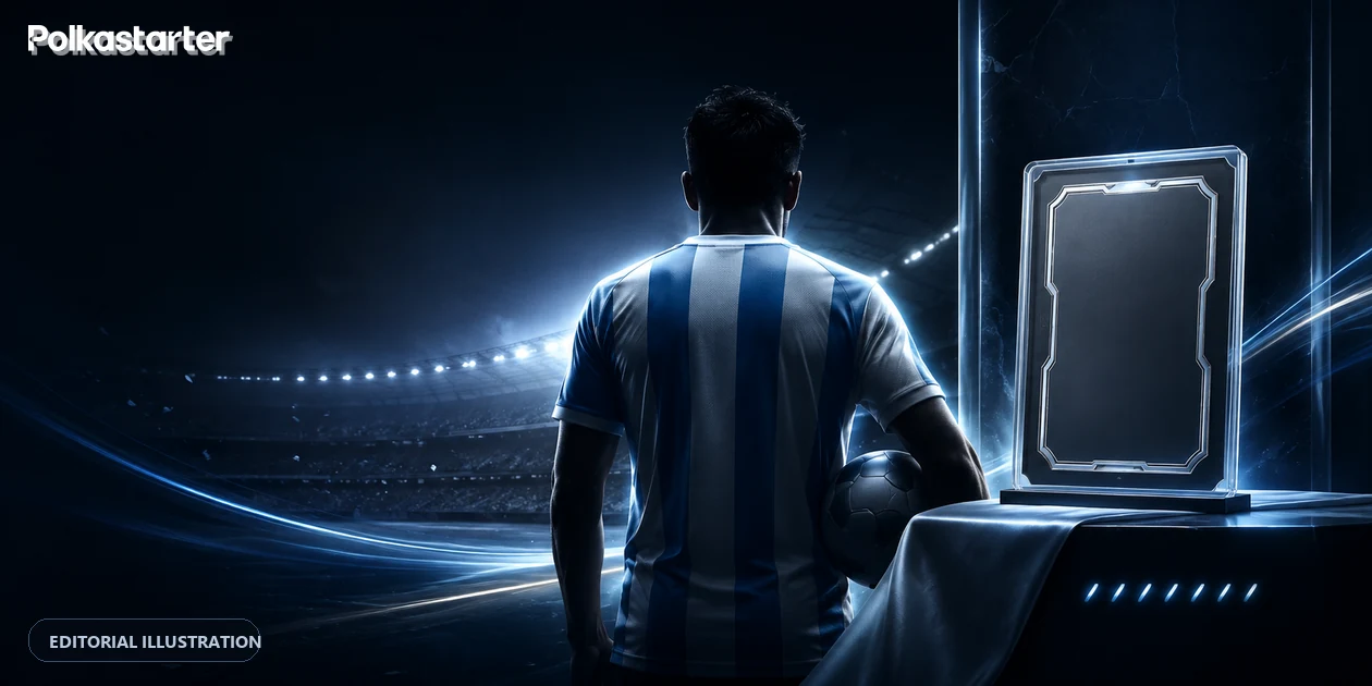 Editorial illustration of a non-identifying Argentina football captain beside a blank collector card in a dark stadium`