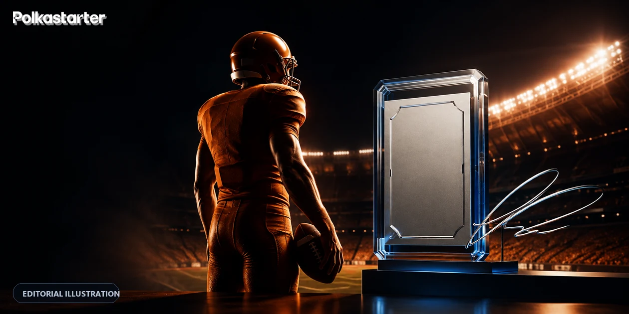 Editorial illustration of a non-identifying college quarterback beside a blank trading card and autograph motif in a stadium`