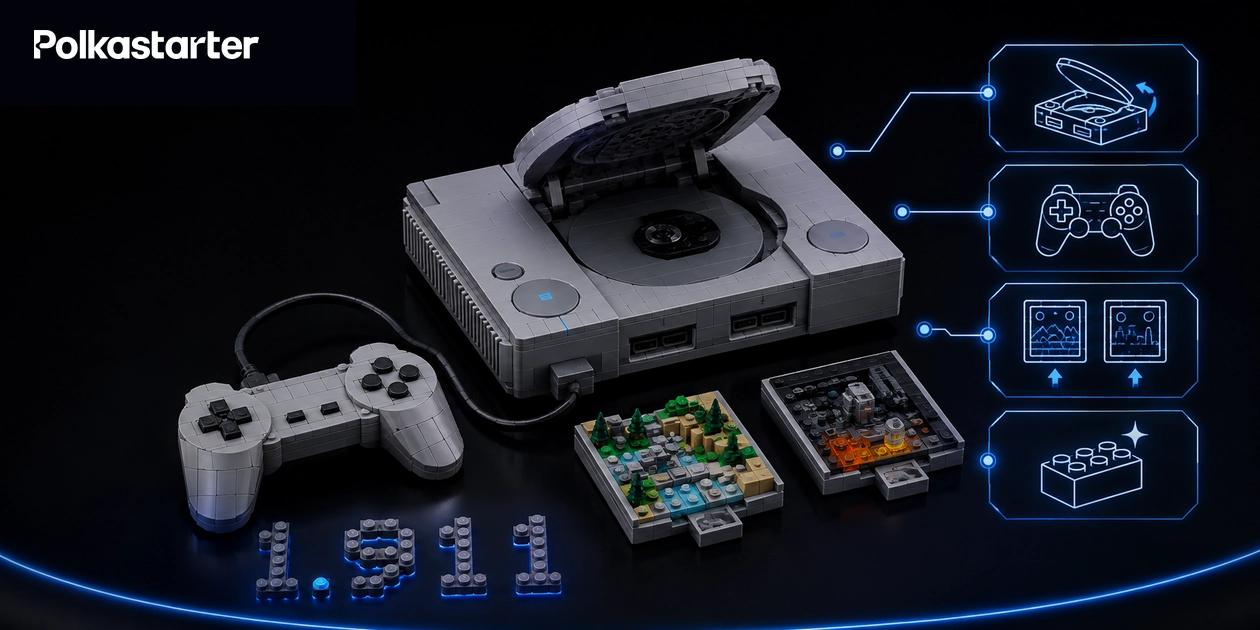 Brick-built grey PlayStation console, wired controller and two removable scene builds beside four blue feature icons and a large 1,911 motif