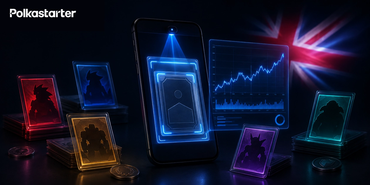 Smartphone scanning generic trading cards beside a blue price chart and a glowing United Kingdom flag
