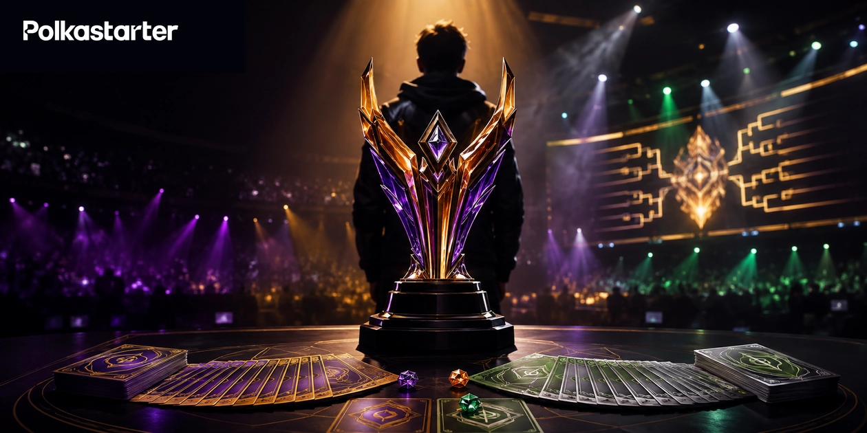 Amber, purple, green and steel card rows around a crystal trophy with an anonymous competitor under arena lights