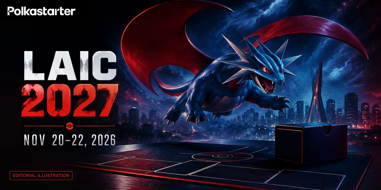 Editorial illustration of Salamence flying above a tournament table with blank card accessories