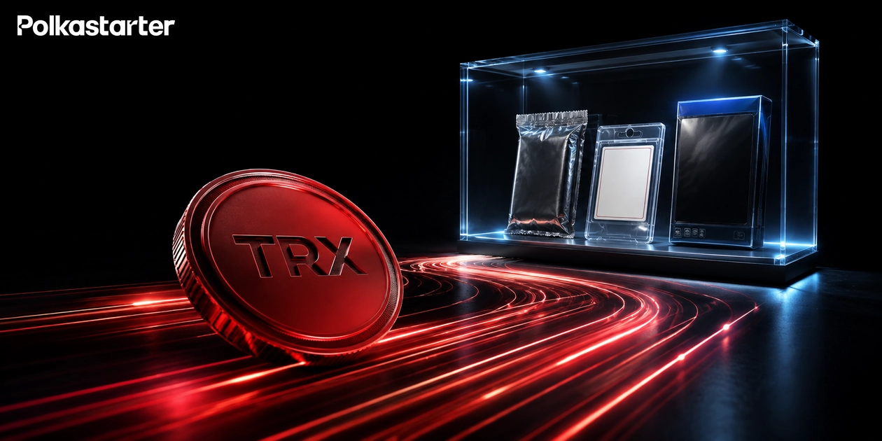 Editorial illustration of a red TRX token moving along digital rails toward physical cards and a boxed videogame