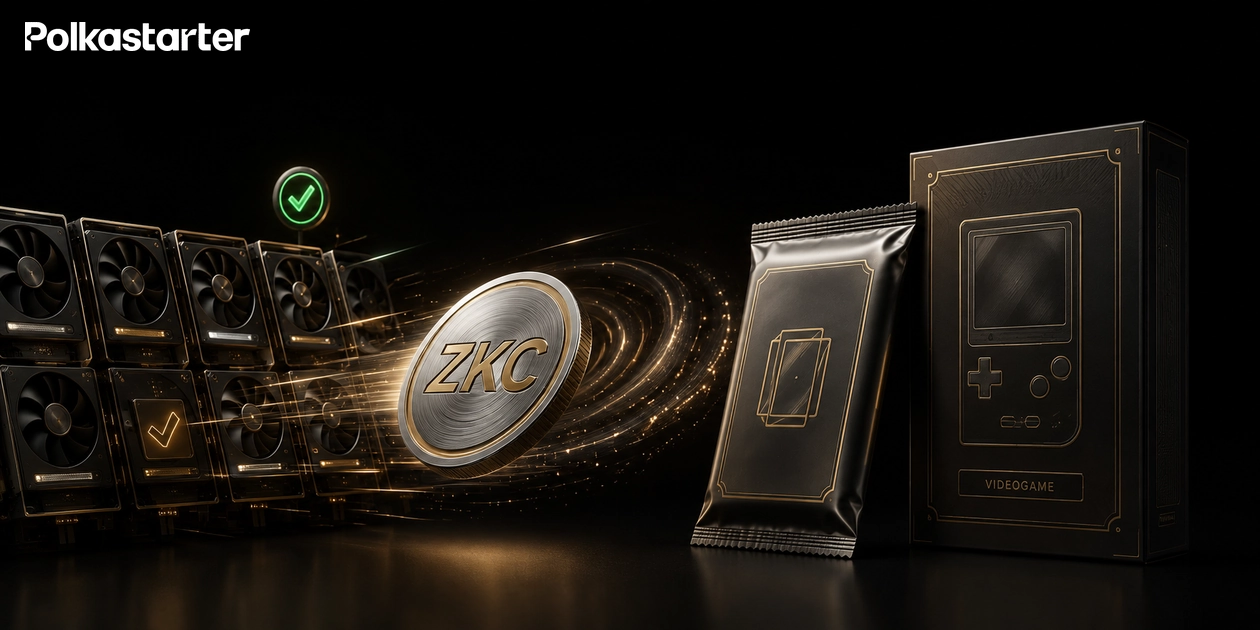 Editorial illustration of a ZKC token and verification tiles leading toward a physical card pack and boxed videogame