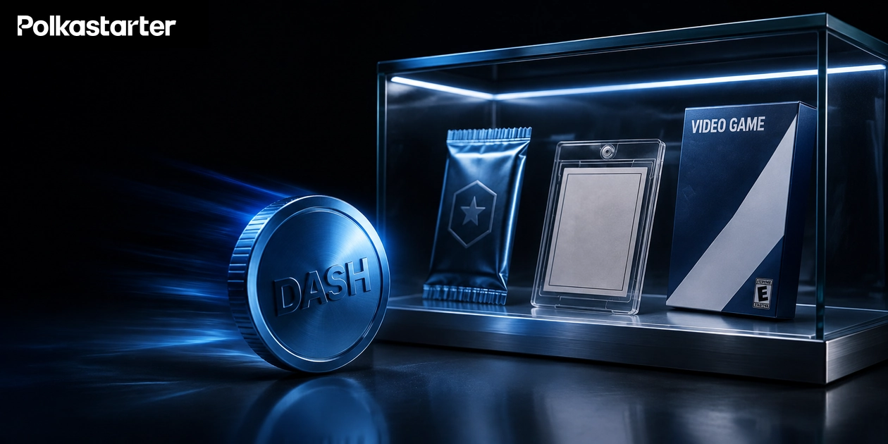 Editorial illustration of a blue DASH coin beside a premium display of a card pack and physical videogame