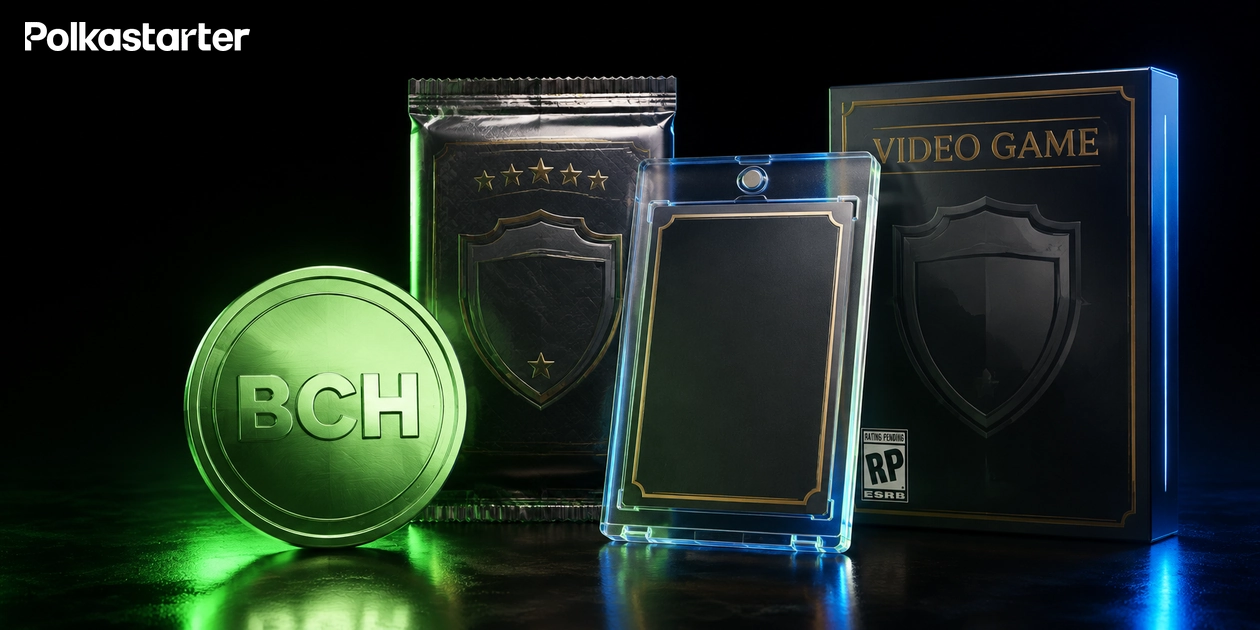 Editorial illustration of a green BCH token next to a physical card pack and boxed videogame