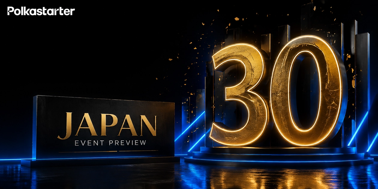 Editorial illustration of a glowing gold 30 beside a Japan event preview sign on a blue-lit stage