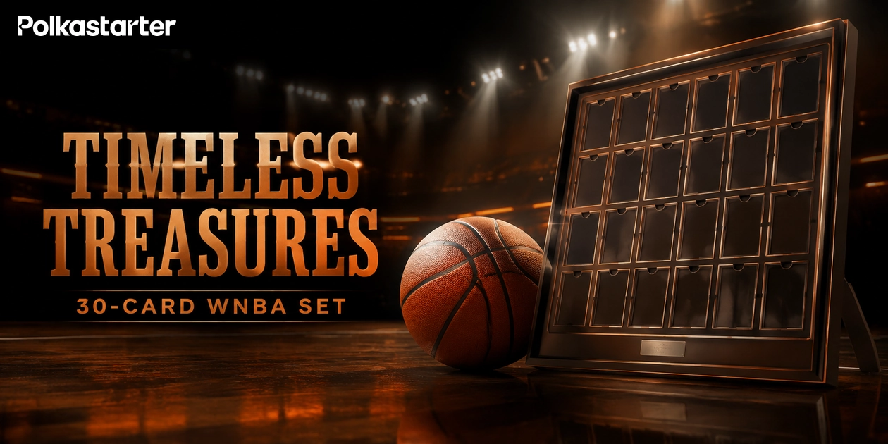 Editorial illustration of a basketball beside a premium card display under orange arena lighting