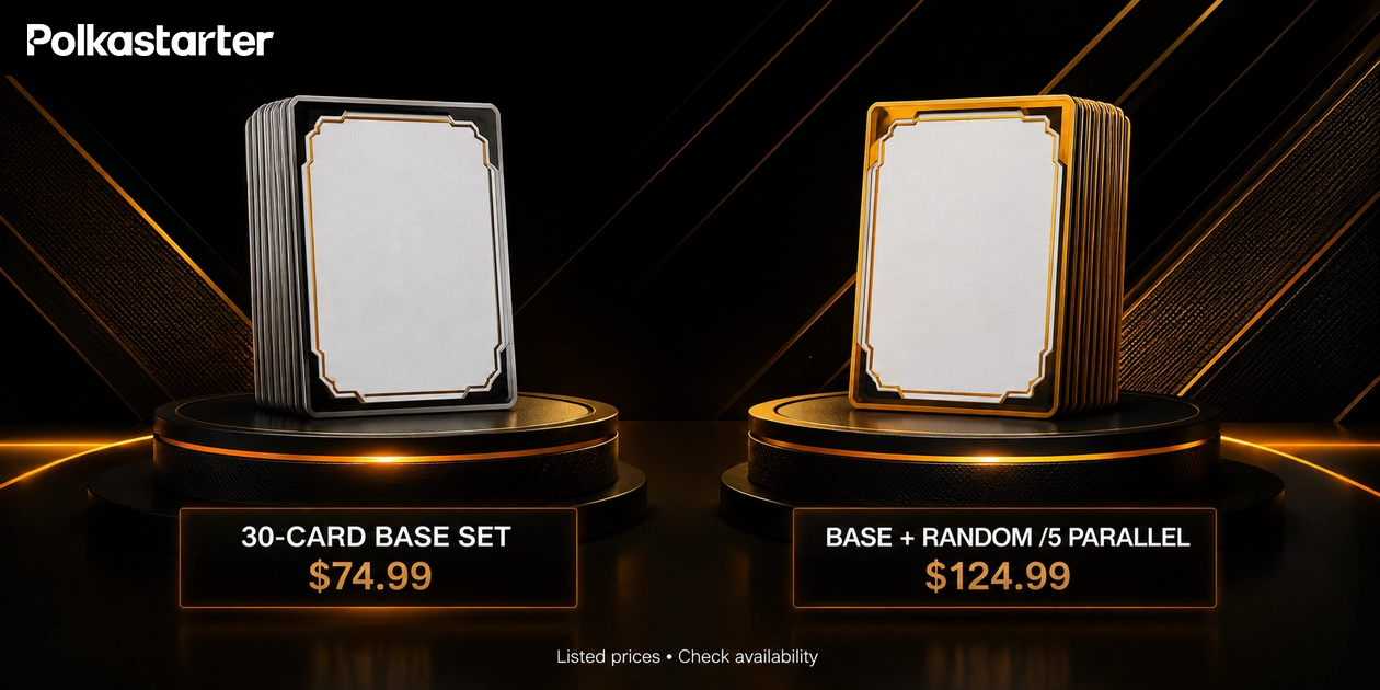 Comparison graphic showing a 30-card base set at $74.99 and base set plus random /5 parallel at $124.99