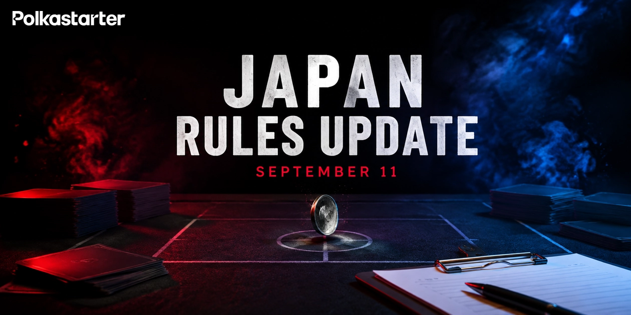 Editorial illustration of a tournament playmat, blank sleeved cards, a coin and a judge clipboard under red and blue light