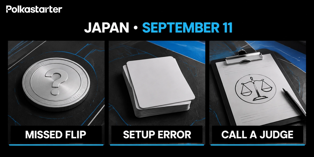 Three-part rules illustration showing forgotten coin flip, extra setup cards and calling a judge, effective September 11 in Japan