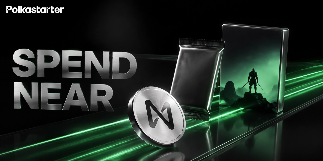 Editorial illustration of a NEAR token beside a physical card pack and a boxed videogame on a green-lit display