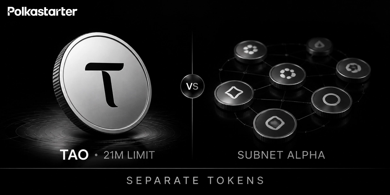 Bittensor identity diagram separating TAO from subnet alpha tokens, with a 21 million TAO cap label