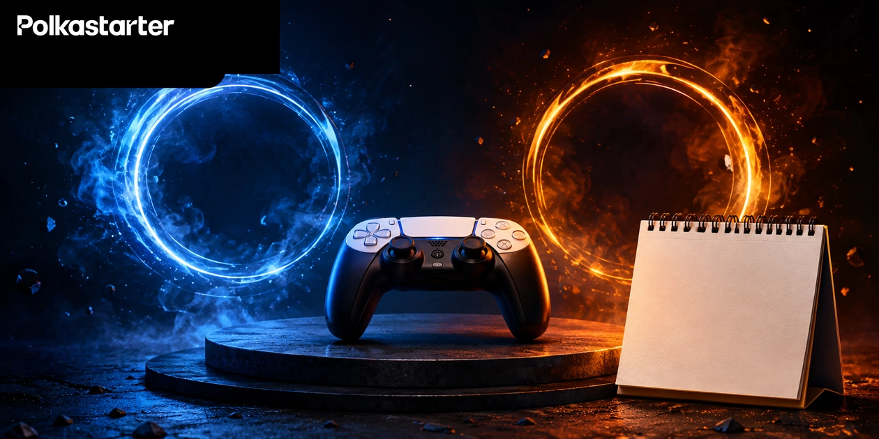 Conceptual gaming illustration with a controller, blue and orange energy rings, and a calendar, not a gameplay screenshot