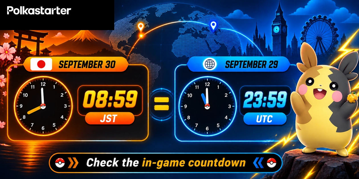 Time-zone reminder illustration pairing September 30 08:59 JST with September 29 23:59 UTC for the Morpeko event