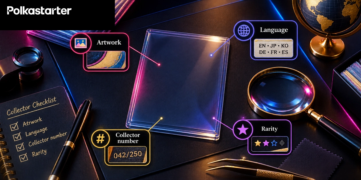 Collector checklist illustration separating artwork, language, collector number, and rarity beside an empty card sleeve