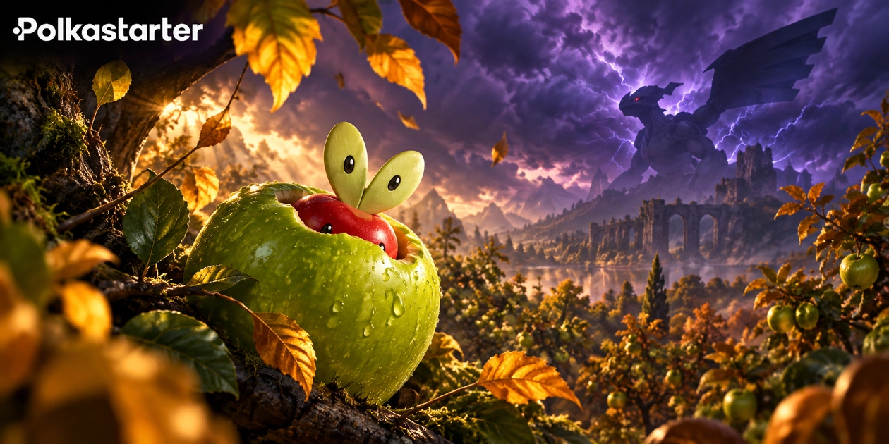 Editorial illustration of Applin in an autumn orchard with Zekrom silhouetted in the distance