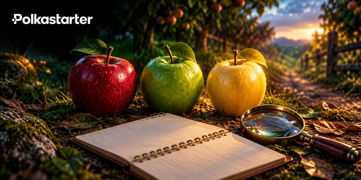 Editorial illustration of three apples and a planning notebook in a harvest orchard