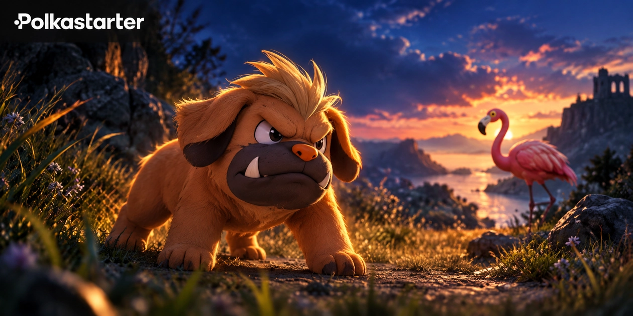 Editorial illustration of Maschiff and Flamigo on a twilight path for the Mega Squads event