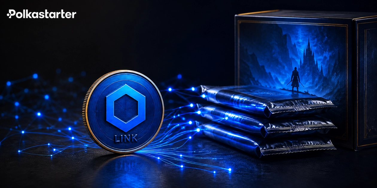 Editorial illustration of a blue LINK coin with data connections leading toward physical trading cards and a game case
