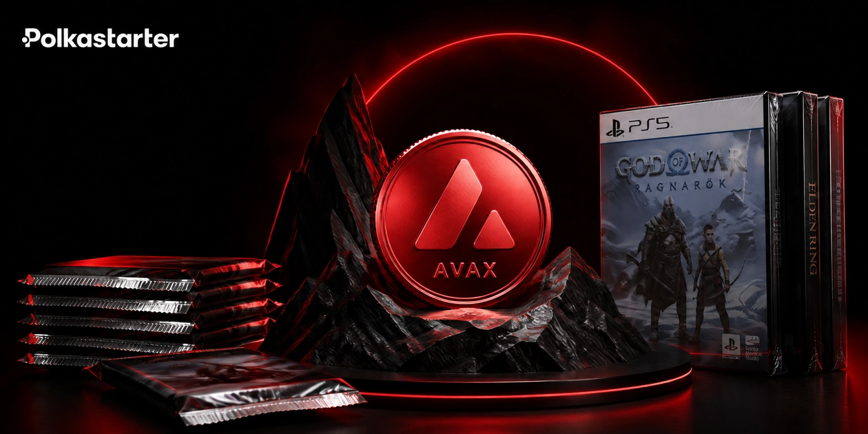 Editorial illustration of a red AVAX coin on a dark mountain-like display beside a card pack and game case