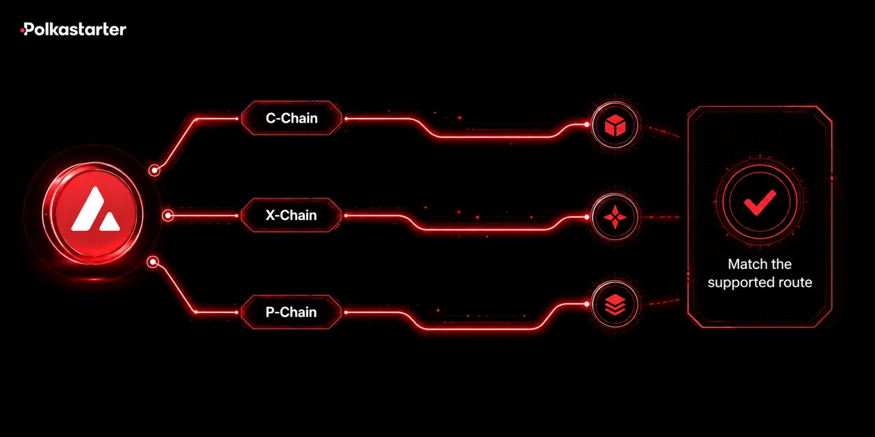 Three separate Avalanche route lanes labeled C-Chain, X-Chain, and P-Chain with a check-the-destination reminder