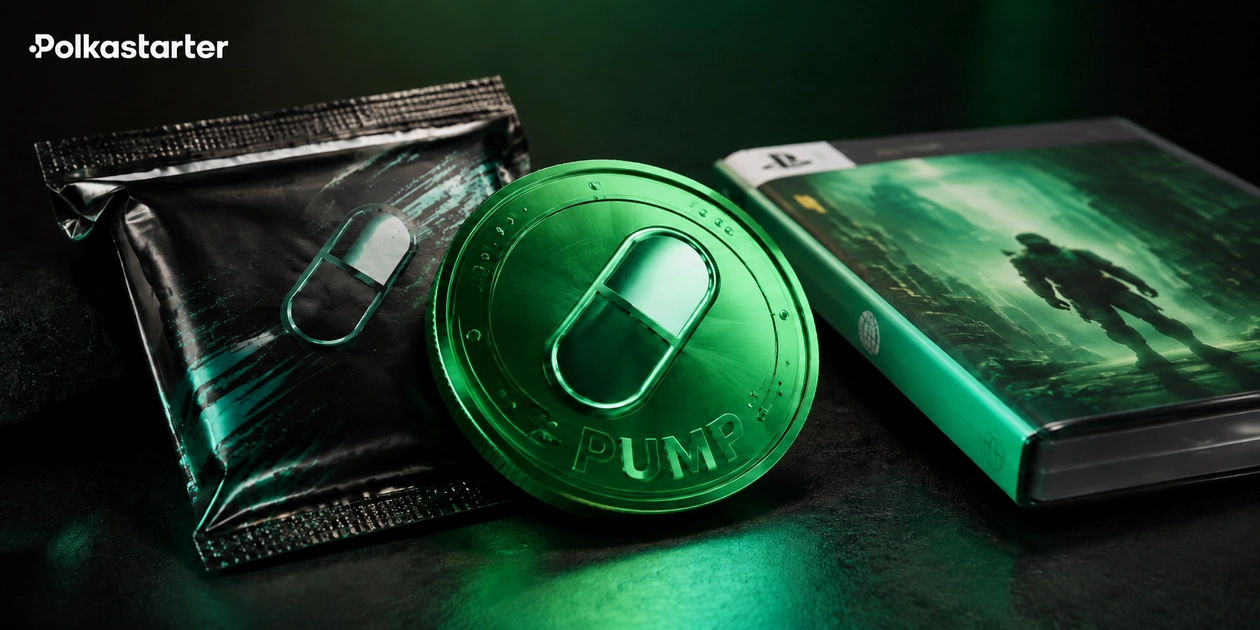 Editorial illustration of a green PUMP coin beside a collectible card pack and physical game case