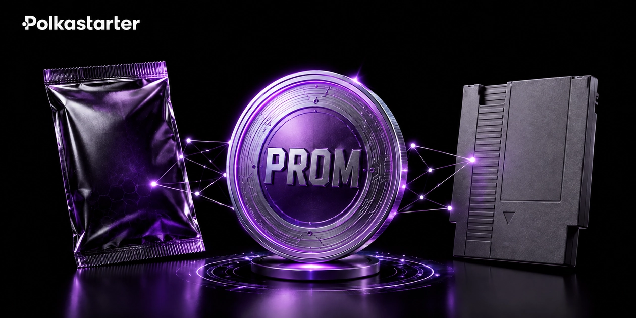 Editorial illustration of a violet PROM coin connecting a network display to physical cards and a game cartridge
