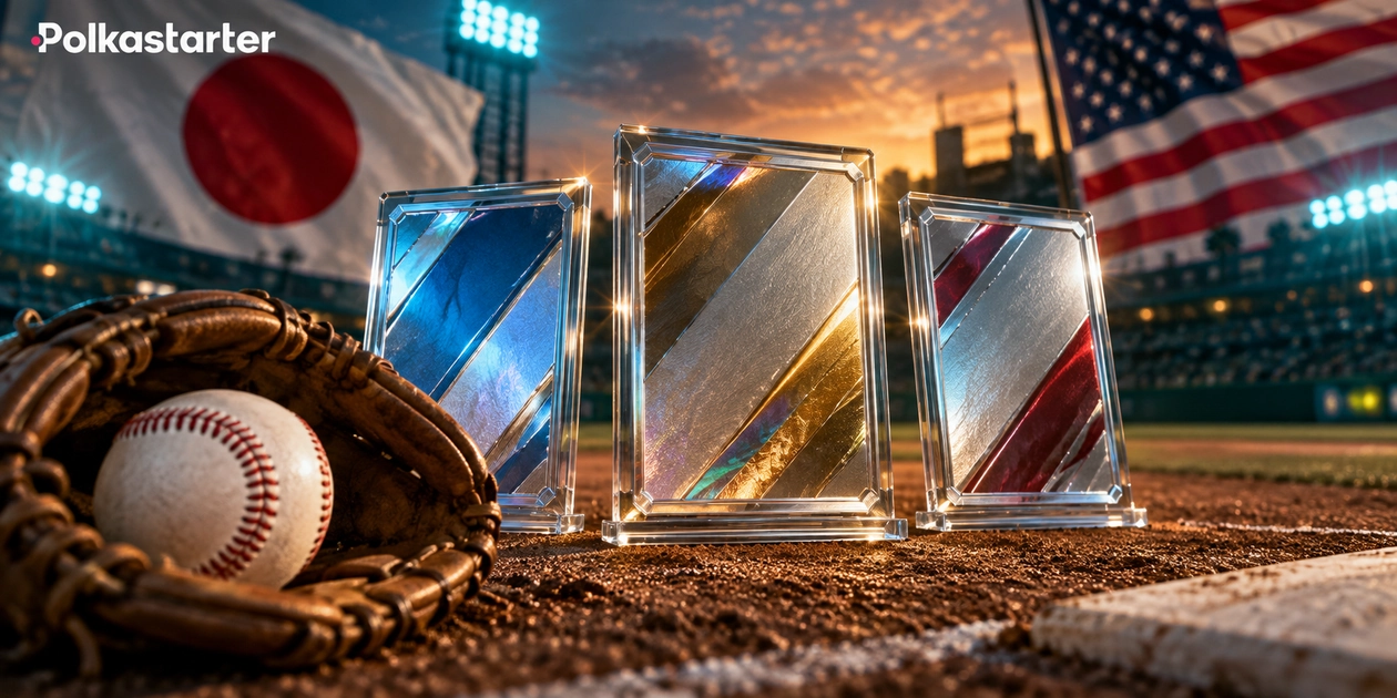 Editorial baseball scene with a glove, three abstract chrome card displays and national flags