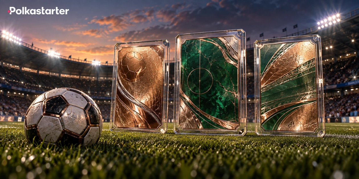 Editorial soccer stadium with a ball and three abstract chrome card displays under floodlights