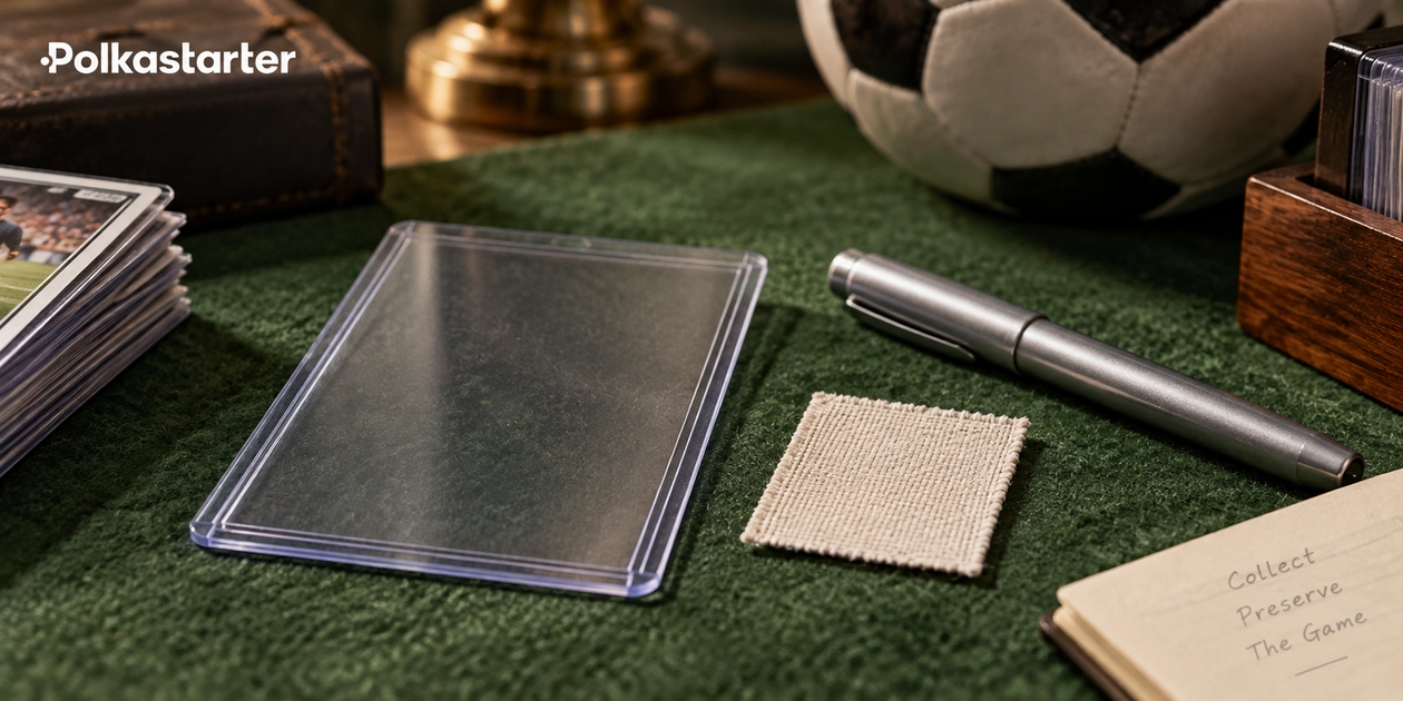 Editorial display of a card sleeve, a fabric patch and an autograph pen on a soccer collector desk