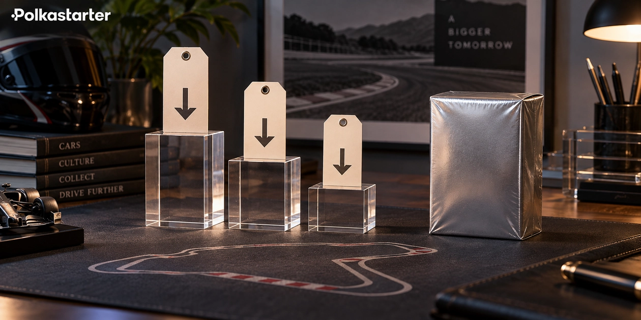 Editorial illustration of three descending price tags beside a sealed unbranded card box