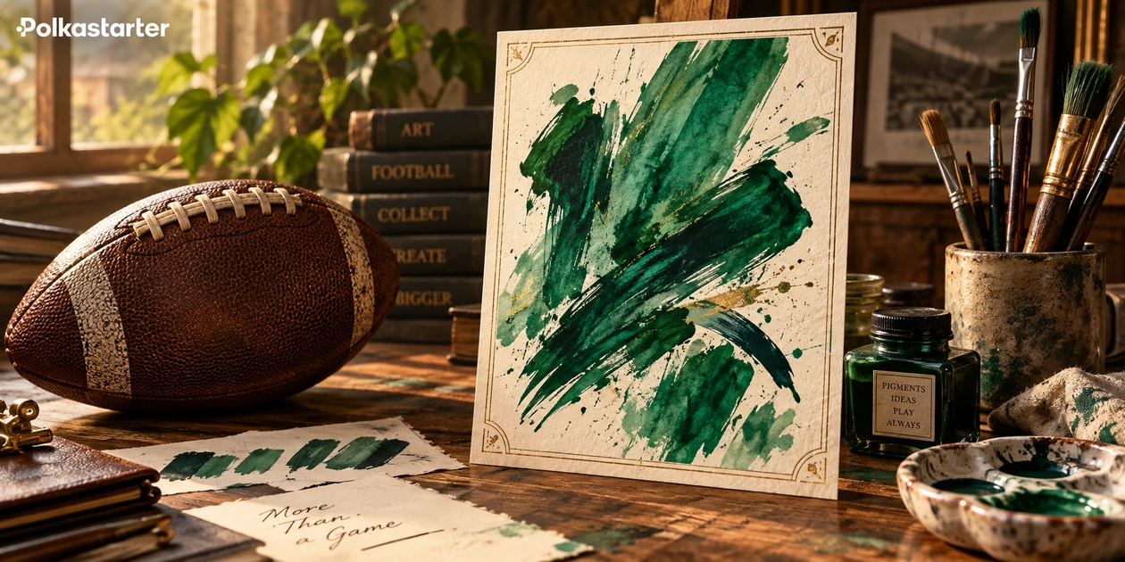 Editorial American football collector studio with a football, paintbrushes and an abstract vintage card frame
