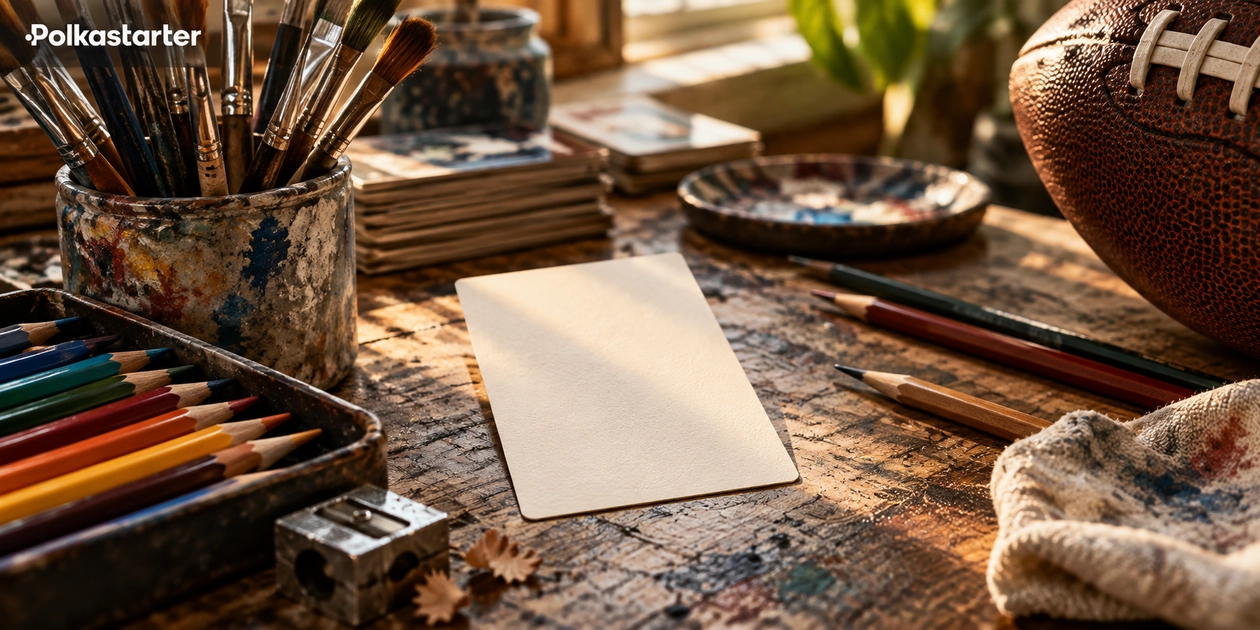 Editorial close-up of colored pencils, an artist brush and a blank trading-card-sized paper on a desk
