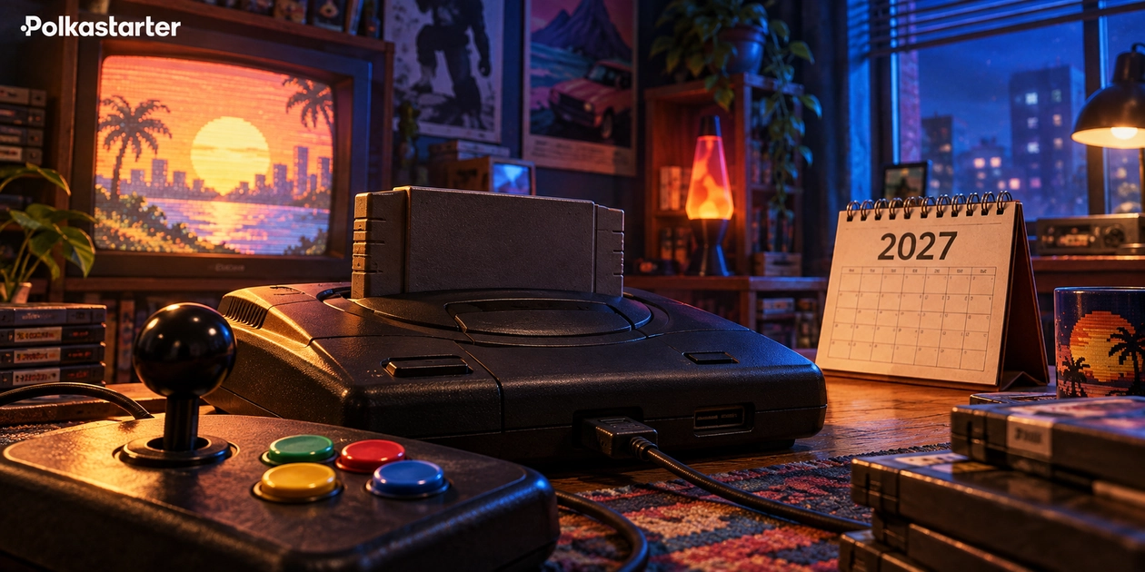 Editorial retro gaming room with an unbranded cartridge console, arcade stick and a 2027 desk calendar