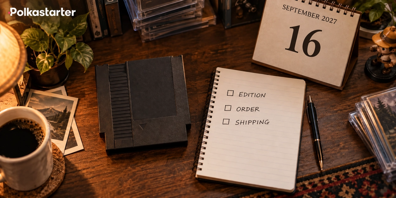 Editorial collector desk with a cartridge, a preorder checklist and a calendar marked September 16, 2027
