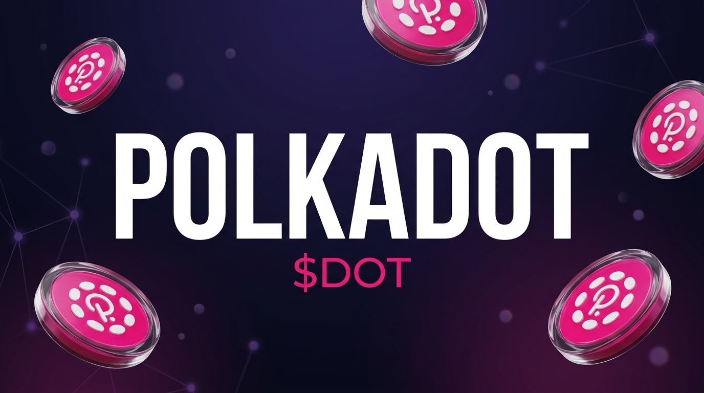Polkadot ($DOT) token cover card for a guide to spending Polkadot in 2026, showing glossy 3D Polkadot coins over a gradient background