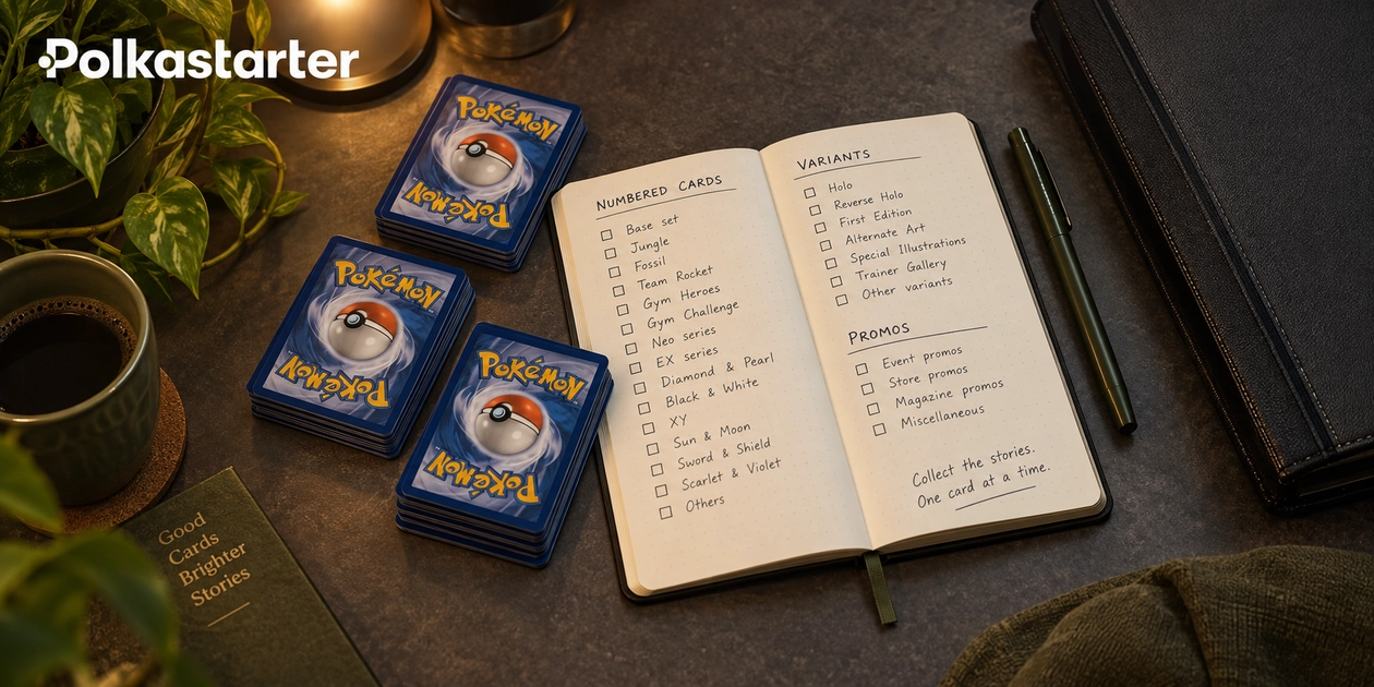 Editorial illustration of a collector planning numbered cards, variants and promos in a notebook