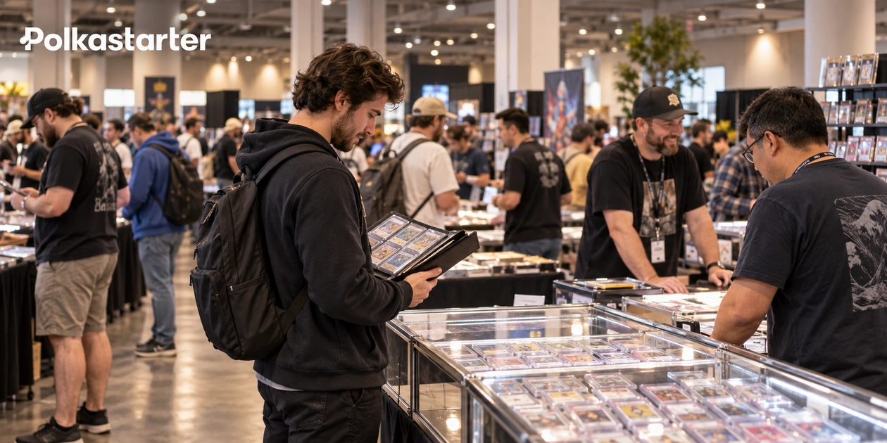 AI-generated editorial scene of adult collectors browsing trading-card convention tables