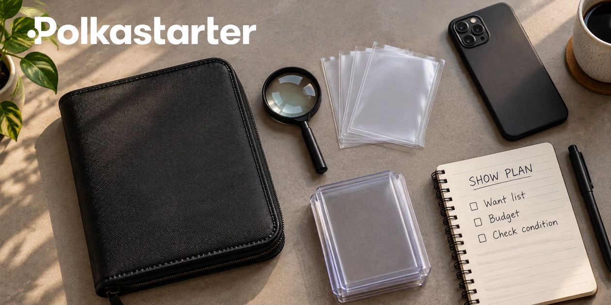 Editorial illustration of a card-show kit with a binder, sleeves, magnifier and written plan