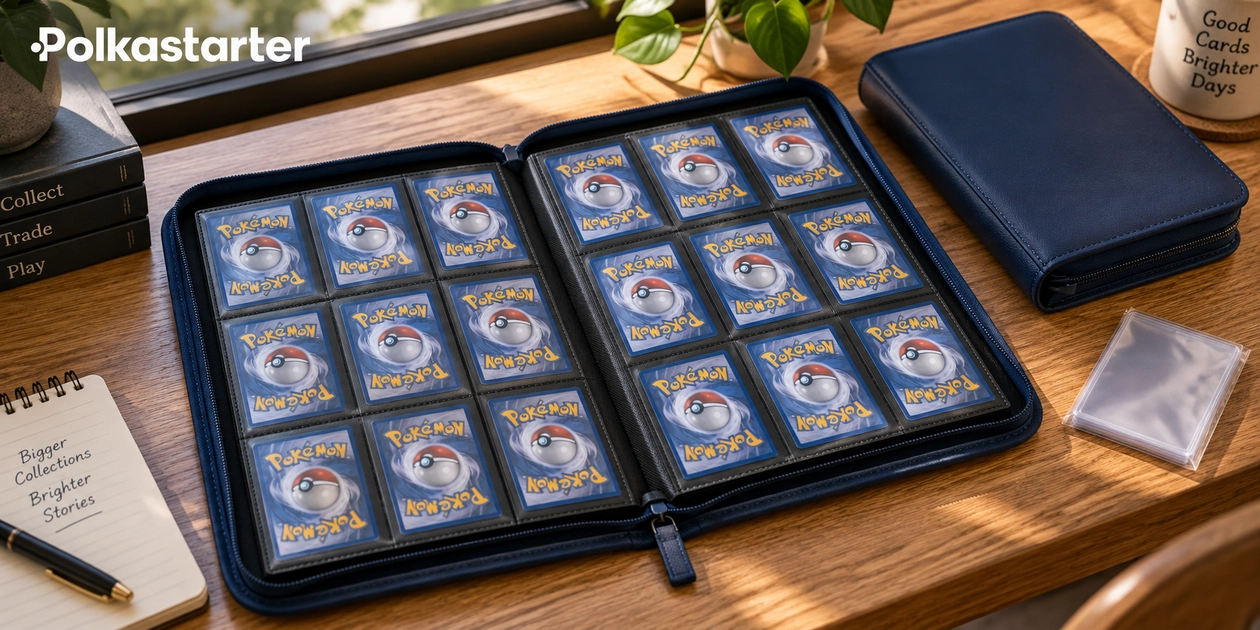 Editorial illustration of a navy card binder and sleeved Pokémon card backs on a wooden desk
