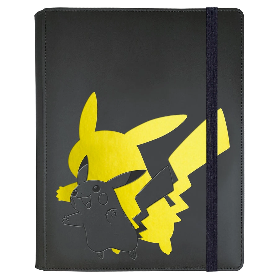 Official Ultra PRO product photograph of a black Pikachu binder with yellow silhouette artwork