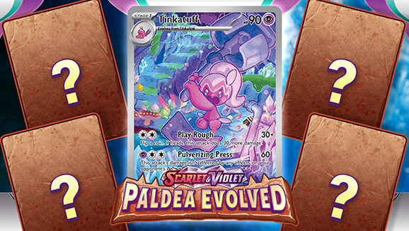 Official Paldea Evolved preview graphic featuring Tinkatuff and the expansion logo