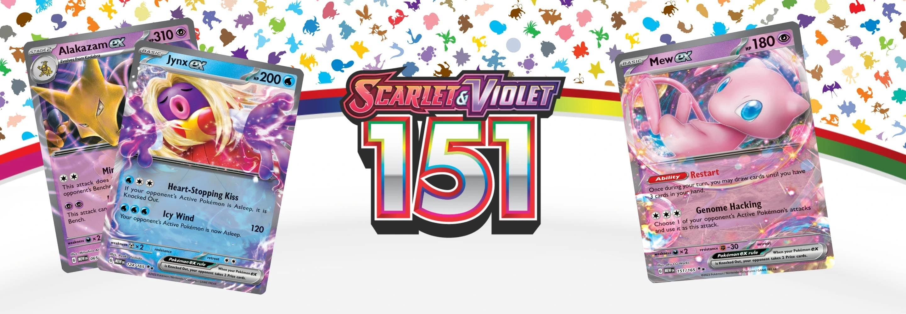 Official Scarlet and Violet 151 promotional graphic featuring Alakazam ex, Jynx ex and Mew ex